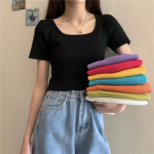 Black bottoming shirt short-sleeved ins trendy summer new style navel-baring knitted t-shirt women's short French collarbone top