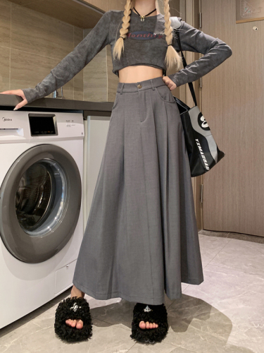 Korean style high-waisted A-line long skirt black suit skirt women's new autumn slimming wide umbrella skirt