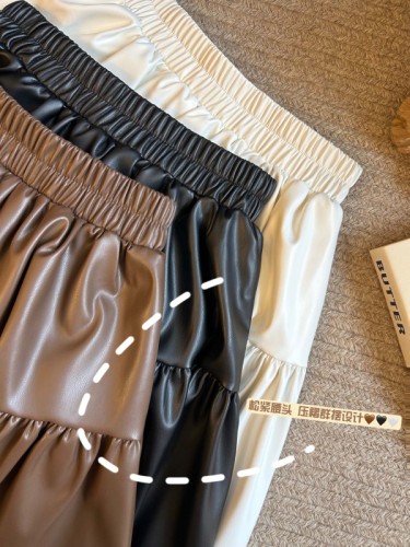 Real shot PU leather skirt autumn and winter 2024 new hot girl leather skirt high waist slimming A-line cake skirt