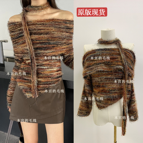 Original 2024 autumn new design ribbon one-shoulder sweater niche pure desire irregular sweater