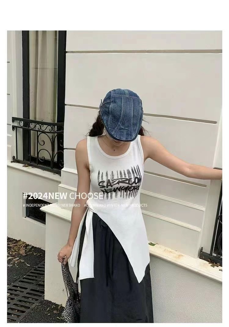 Round neck T-shirt for women 2024 summer new style slit waist tie straps sexy design versatile sweet and spicy top vest