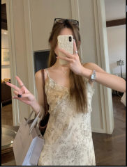 Cool ink print suspender dress with flounces and elegant v-neck backless inner layer with a chic chiffon long skirt