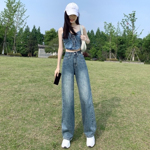 High-waisted straight-leg jeans for women's new style loose and drapey wide-leg floor-length pants for small people