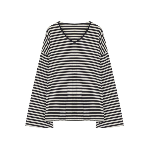 Striped sun protection blouse long-sleeved T-shirt women's summer lazy style V-neck loose thin casual top