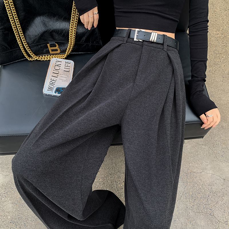 Woolen wide-leg pants for women, autumn and winter high-waisted woolen casual brown pants, straight-leg floor-length mopping pants