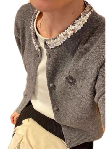 New popular design this year's popular knitted cardigan top gray sequined sweater jacket for women