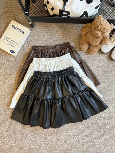 Real shot PU leather skirt autumn and winter 2024 new hot girl leather skirt high waist slimming A-line cake skirt