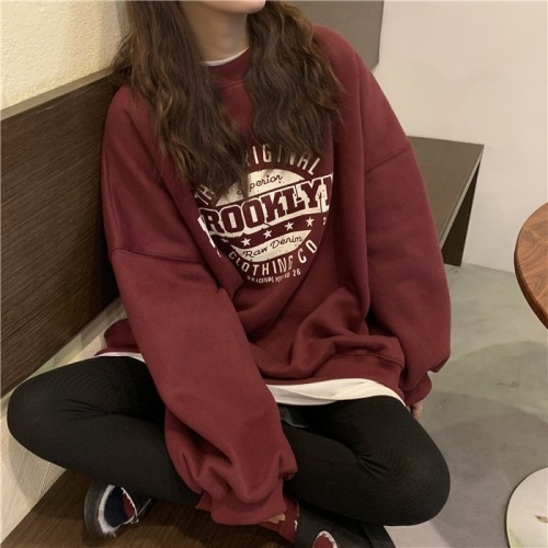 Chinese cotton composite thin 310g/plus velvet 410g autumn and winter sweatshirt for women with printed loose large size