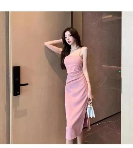 Pink long suspender dress sleeveless 2024 new summer style inner sexy hip-hugging bottoming skirt to reduce age trend