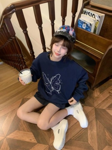 American retro butterfly print blue sweatshirt for women 2024 autumn high-end street-style hooded loose lazy style top