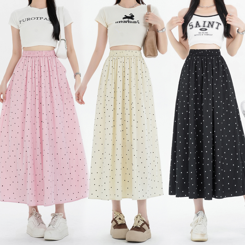 Polka Dot Skirt Women's Summer Ice Silk Cotton Linen Elastic Waist Covering Hip Drape A-Line Mid-Length Umbrella Skirt