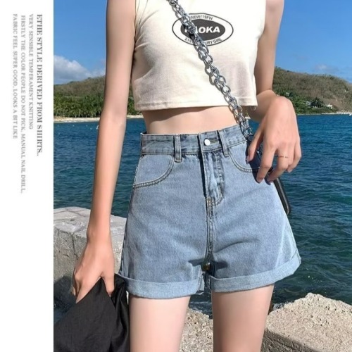 Women's New High Waist Trendy Jeans Dark Washed Lazy Spring and Autumn Versatile Straight Pants Harajuku Shorts