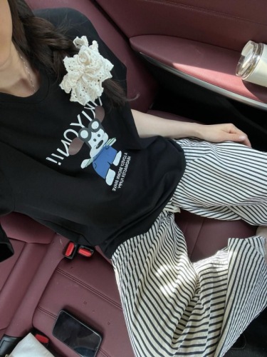 Black and white striped casual pants for women summer thin large size fat mm high waist slim loose lazy wide leg Yamamoto pants