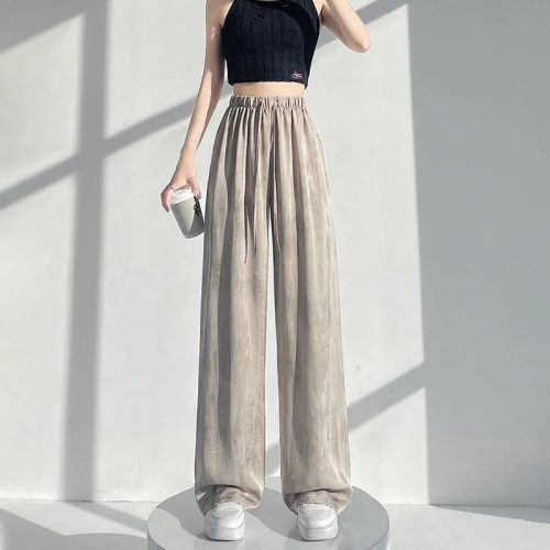 Summer thin ice silk satin ink painting tie-dye wide-leg pants for women loose casual drape high-waisted slim pants ins