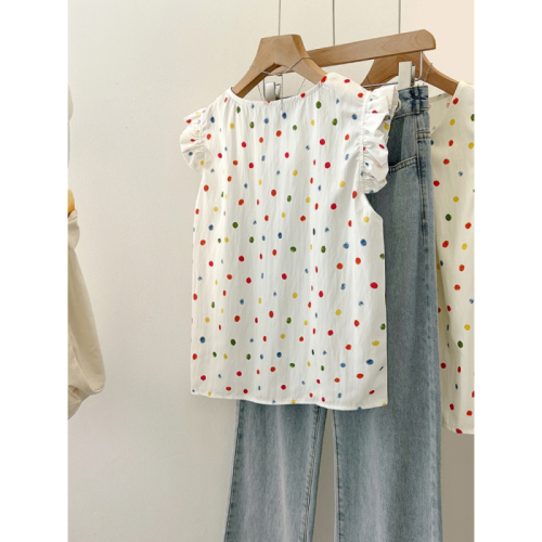 Sweet pleated colorful polka dot small flying sleeve shirt for women summer style fresh and age-reducing loose slimming vest top