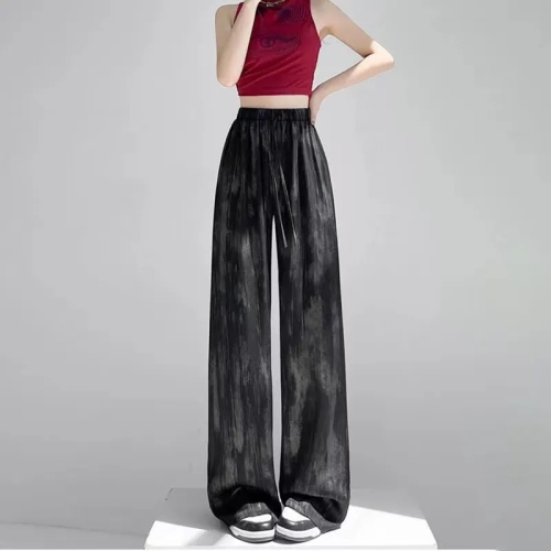 Summer thin ice silk satin ink painting tie-dye wide-leg pants for women loose casual drape high-waisted slim pants ins