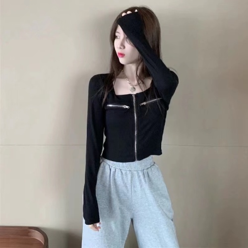 2024 autumn and winter new French retro square collar short zipper bottoming shirt for women with long-sleeved cardigan T-shirt top