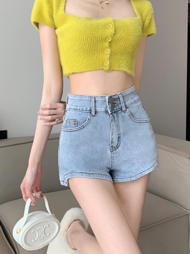 Hot girl A-line straight denim shorts women's spring small high-waisted irregular hip-covering pants for outer wear