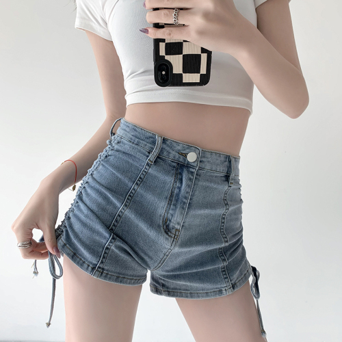 Hot girl summer high-waist denim shorts women's drawstring design slimming A-line strap hip-covering hot pants trendy