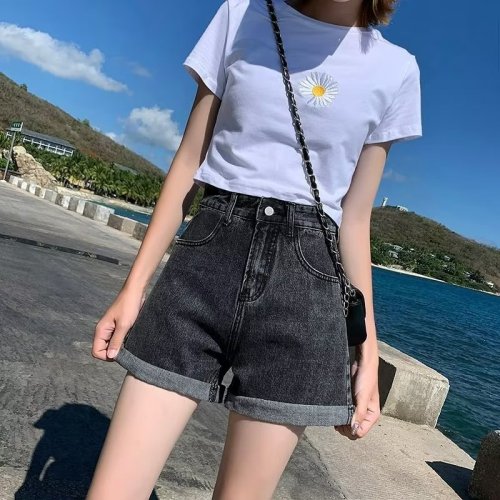 Women's New High Waist Trendy Jeans Dark Washed Lazy Spring and Autumn Versatile Straight Pants Harajuku Shorts