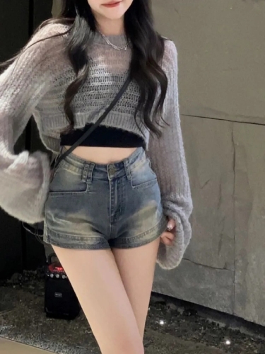 Distressed denim shorts for women summer new American style high-waisted elastic hottie slimming slim wide-leg pants ins trend