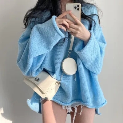 Korean chic spring new retro loose lazy style V-neck rolled edge slit fashionable pullover age-reducing sweater for women