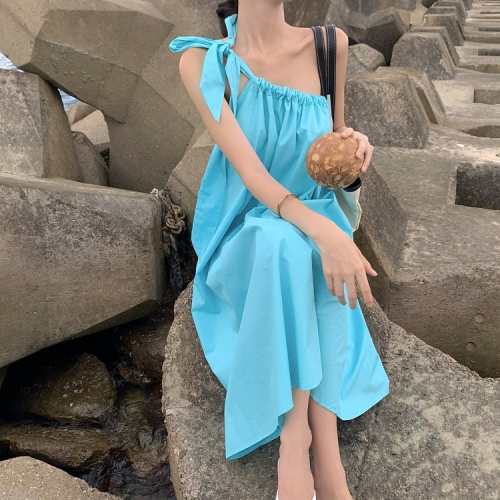 Sanya travel outfit photo beach dress for little girls on seaside vacation super fairy high-end slanted shoulder strap dress