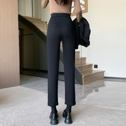 Real shot of autumn large size black cigarette pipe women's trousers for fat girls high waist slimming elastic straight elastic waist trousers