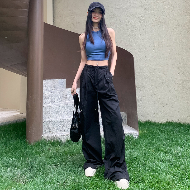New Drawstring Adjustable Design High Waist Slimming Covering Muscles Handsome Girlfriend Straight Casual Overalls for Women