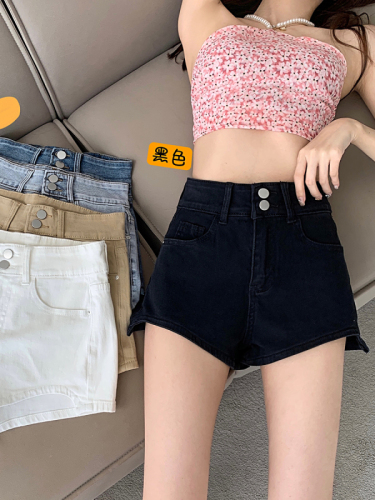 Hot girl A-line straight denim shorts women's spring small high-waisted irregular hip-covering pants for outer wear