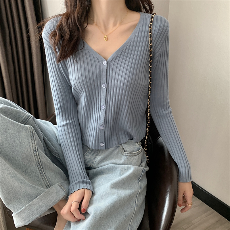 V-neck slim long-sleeved knitted cardigan jacket women's short top