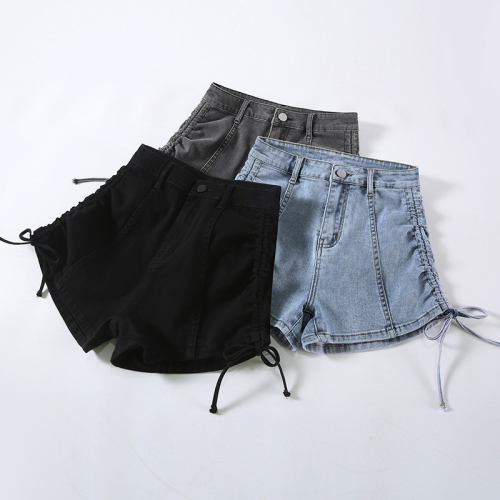 Hot girl summer high-waist denim shorts women's drawstring design slimming A-line strap hip-covering hot pants trendy