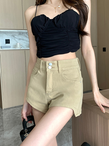 Hot girl A-line straight denim shorts women's spring small high-waisted irregular hip-covering pants for outer wear