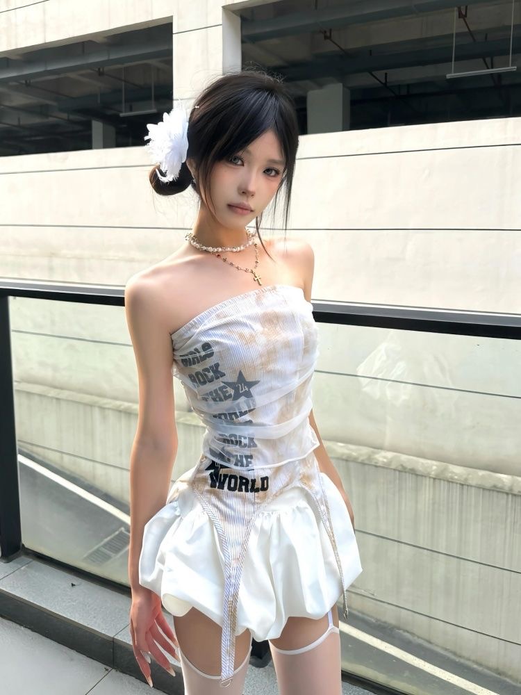 Unique design American hot girl dirty mesh printed tube top women's versatile tutu skirt