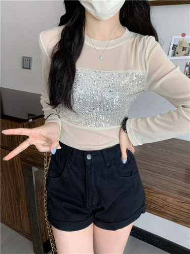 Real shot of mesh sequined long-sleeved T-shirt for women in autumn new temperament slimming slimming bottoming shirt top