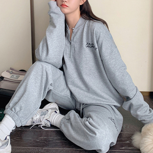 Gray casual sports sweatshirt suit for women 2024 spring and autumn new style lazy style wide-legged thin two-piece set