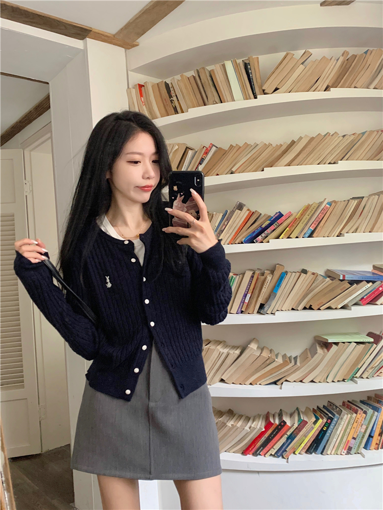 Photographed~ Plus-size thin embroidery knit sweater coat + short-sleeve T-shirt + gray suit semi-skirt set