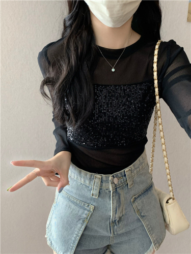 Real shot of mesh sequined long-sleeved T-shirt for women in autumn new temperament slimming slimming bottoming shirt top