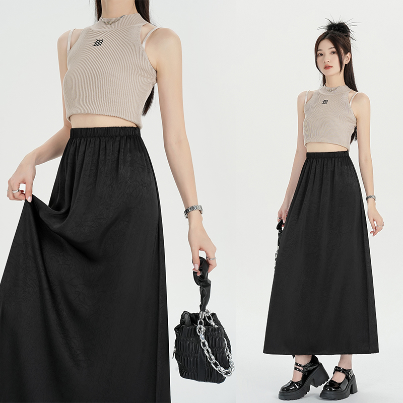 New Chinese style jacquard acetate skirt for women summer elastic waist a-line skirt mid-length gentle temperament