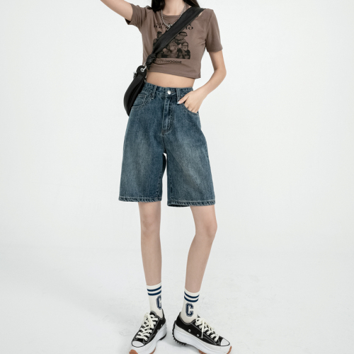 Summer new trendy ins straight denim shorts for women spring loose design thin high-waisted five-point pants