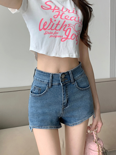 Hot girl A-line straight denim shorts women's spring small high-waisted irregular hip-covering pants for outer wear