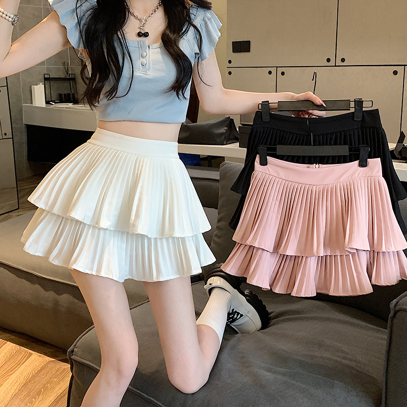 Double-layer cake pleated skirt spring and summer high-waisted petite half-length A-line skirt tutu skirt umbrella skirt
