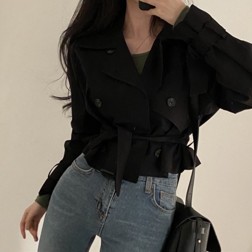 Korean chic autumn new retro strapped suit collar windbreaker women's loose short jacket