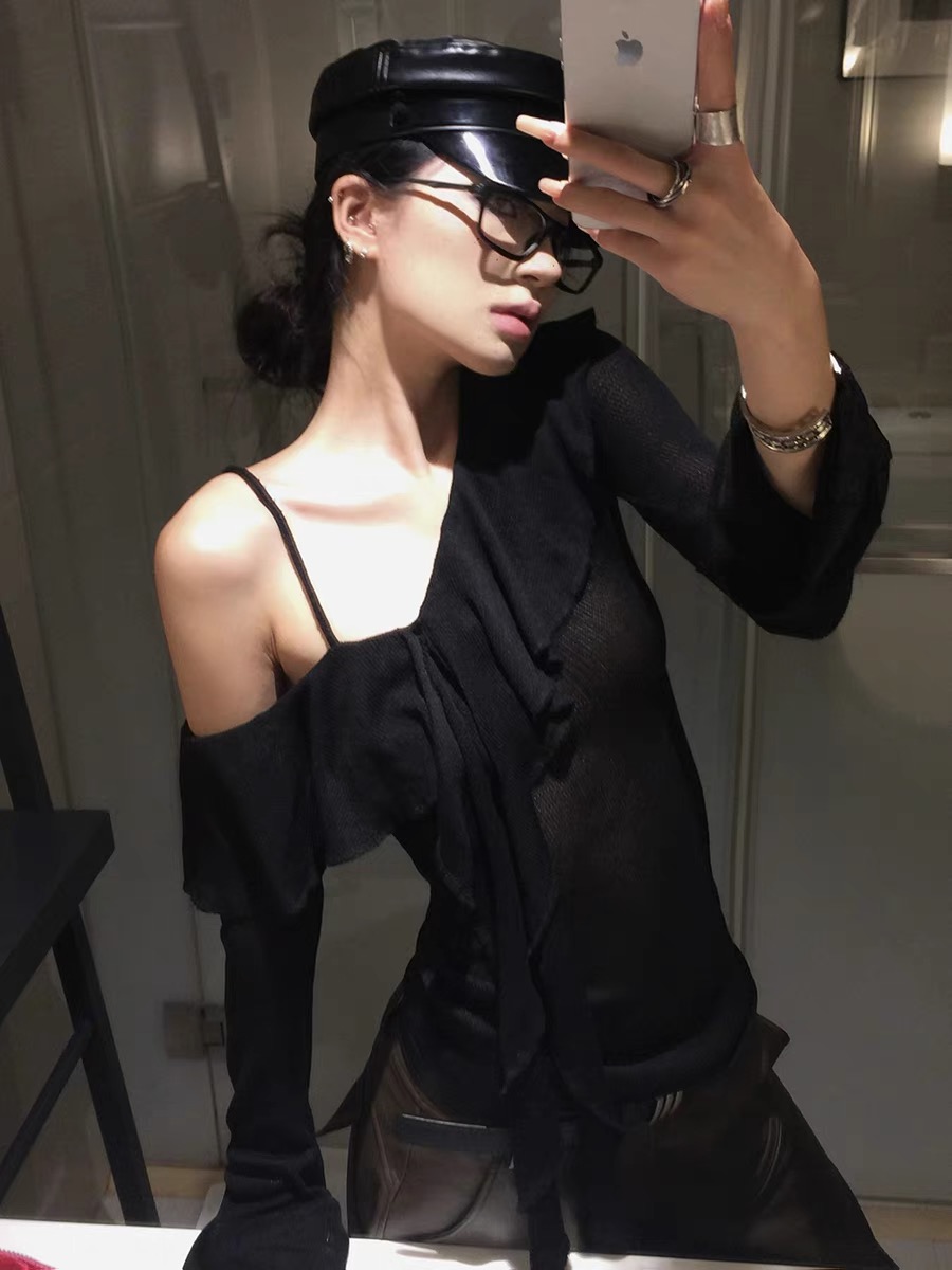 Fanptntox tops for women spring new style ruffled sloped collar suspender tops with slimming black long sleeves