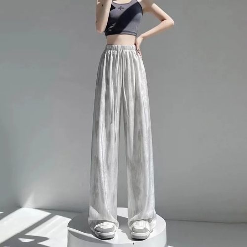 Summer thin ice silk satin ink painting tie-dye wide-leg pants for women loose casual drape high-waisted slim pants ins