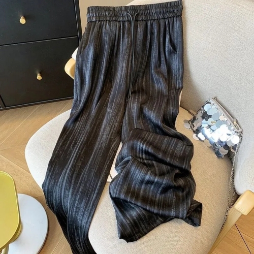 Fat mm plus size 300 pounds ice silk drapey wide-leg pants for women summer thin striped lazy style casual floor mopping pants