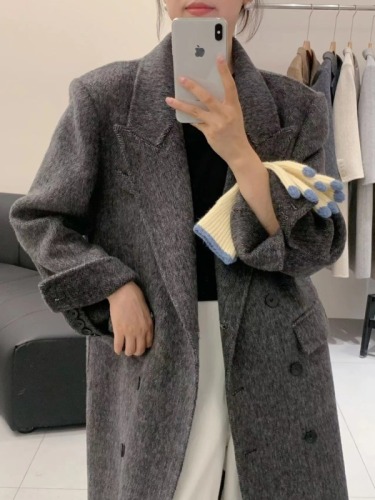 Herringbone pattern autumn and winter temperament double-sided cashmere coat Korean double-breasted mid-length woolen coat