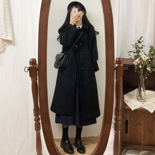 Student woolen coat women's mid-length 2024 autumn and winter new Korean version loose slimming thickened knee-length woolen coat