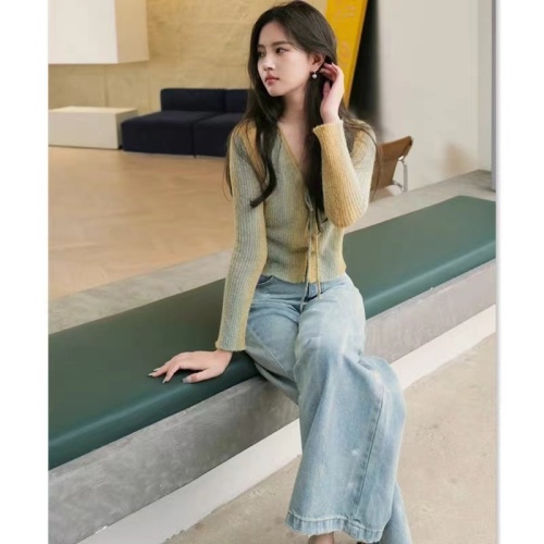 Star's same style green gradient tie-dye sweater top lace-up knitted cardigan slim fit bottoming shirt spring for women