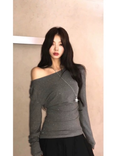 Gray hot diamond long-sleeved sunscreen long-sleeved T-shirt for women early autumn French slimming casual versatile off-the-shoulder top